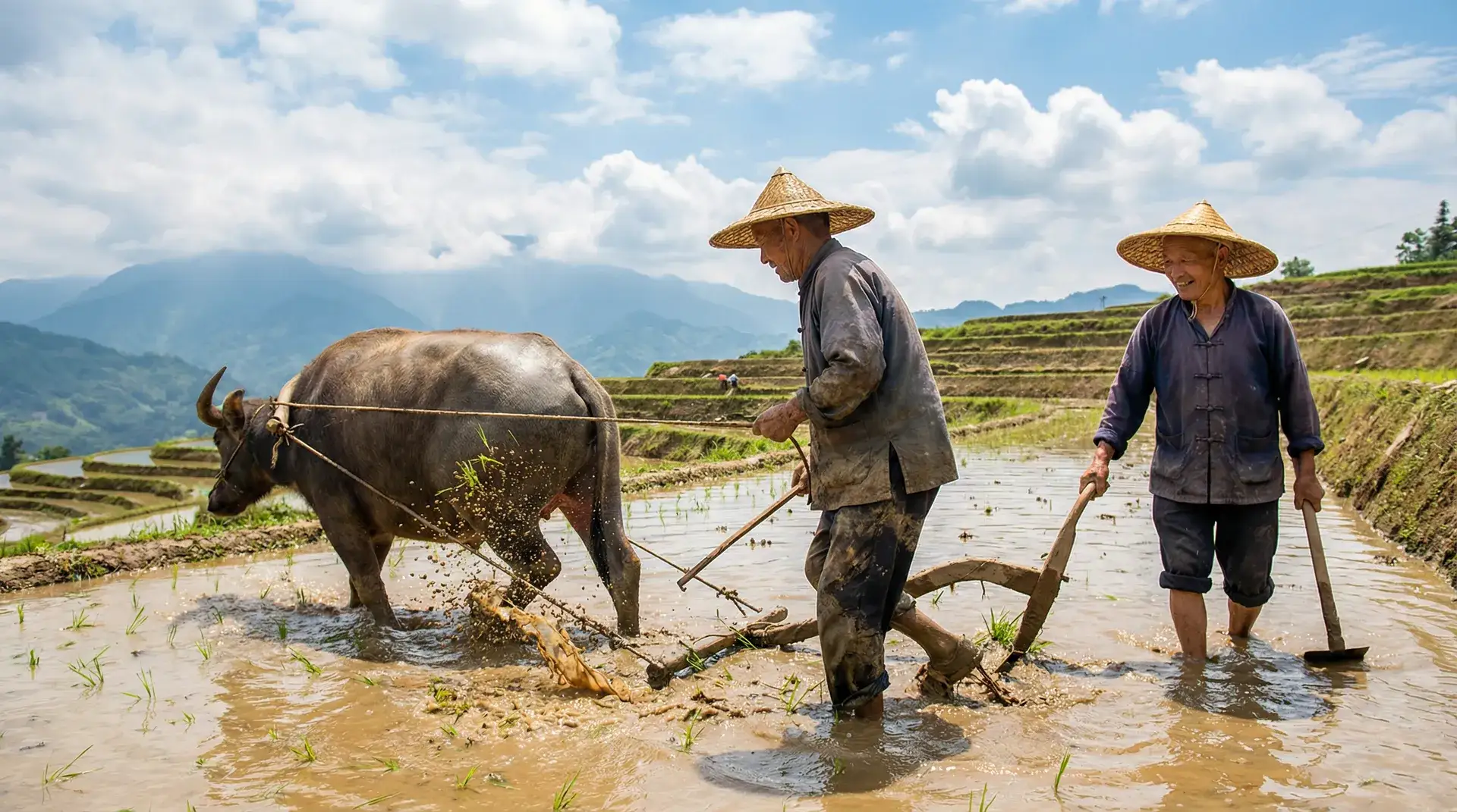 水牛犁田的乡村劳作场景 - 久久精品国产首叶 农耕纪实